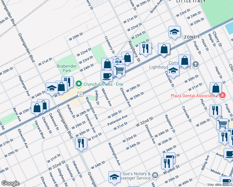 map of restaurants, bars, coffee shops, grocery stores, and more near 1322 W 28th St in Erie