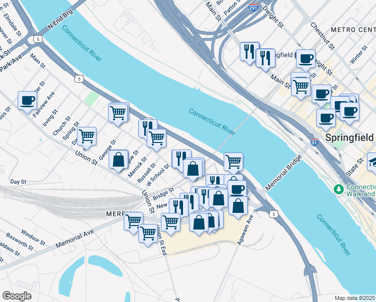 map of restaurants, bars, coffee shops, grocery stores, and more near 55 East School Street in West Springfield