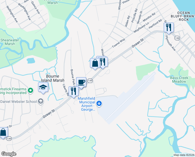 map of restaurants, bars, coffee shops, grocery stores, and more near 1209 Ocean Street in Marshfield