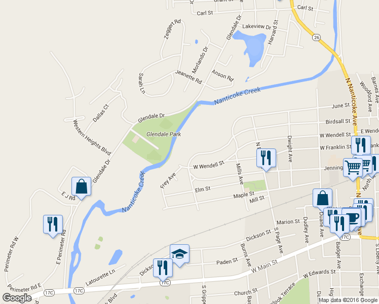 map of restaurants, bars, coffee shops, grocery stores, and more near 637 June Street in Endicott