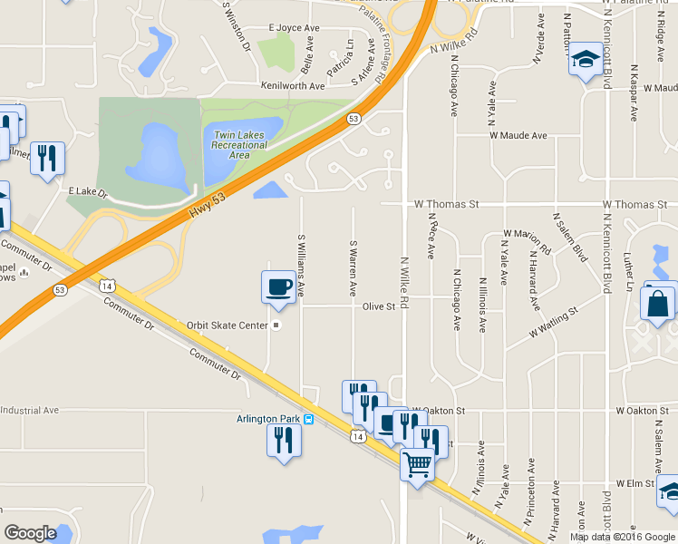 map of restaurants, bars, coffee shops, grocery stores, and more near 522 South Warren Avenue in Palatine