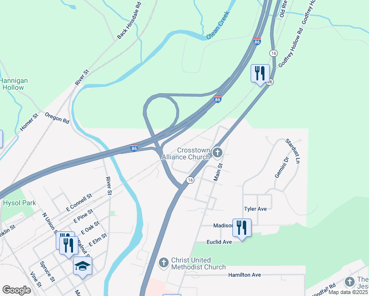 map of restaurants, bars, coffee shops, grocery stores, and more near 1519 Rose in Olean