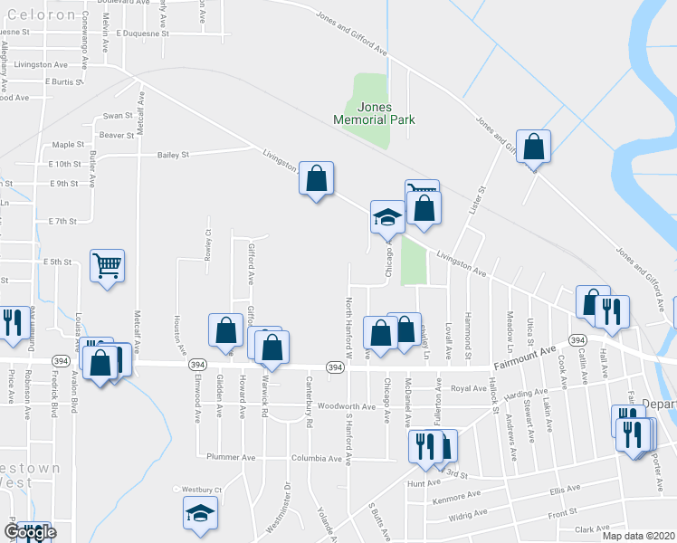 map of restaurants, bars, coffee shops, grocery stores, and more near 105 North Hanford Avenue in Jamestown