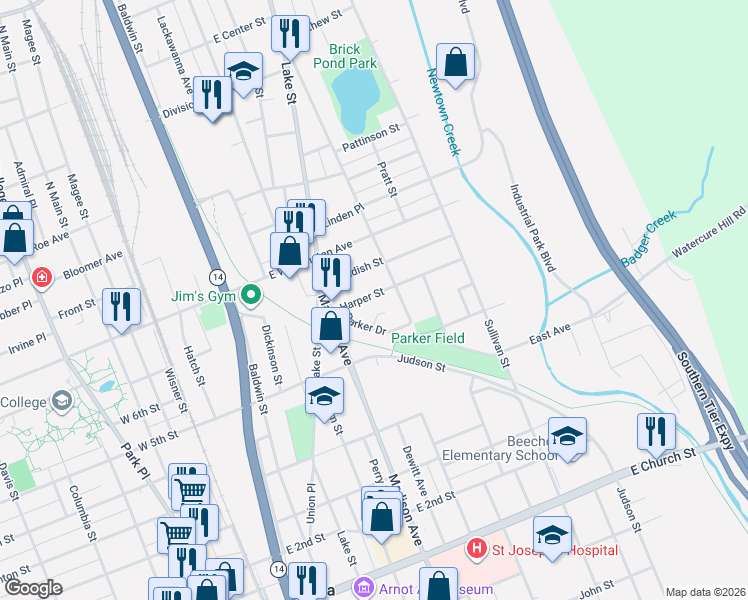 map of restaurants, bars, coffee shops, grocery stores, and more near 510 Harper Street in Elmira