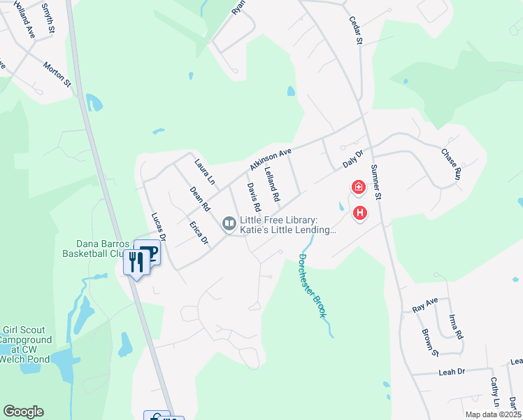 map of restaurants, bars, coffee shops, grocery stores, and more near 21 Davis Road in Stoughton