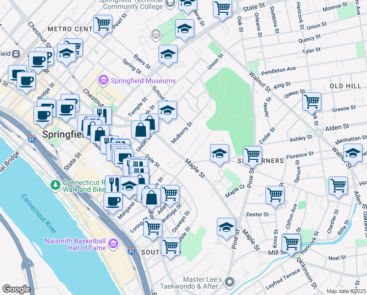 map of restaurants, bars, coffee shops, grocery stores, and more near 155 Maple Street in Springfield