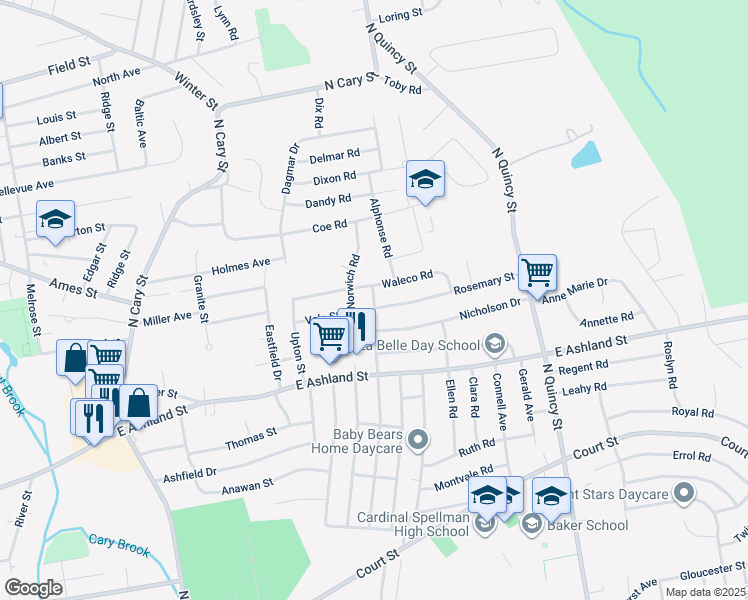 map of restaurants, bars, coffee shops, grocery stores, and more near 68 Colgate Road in Brockton