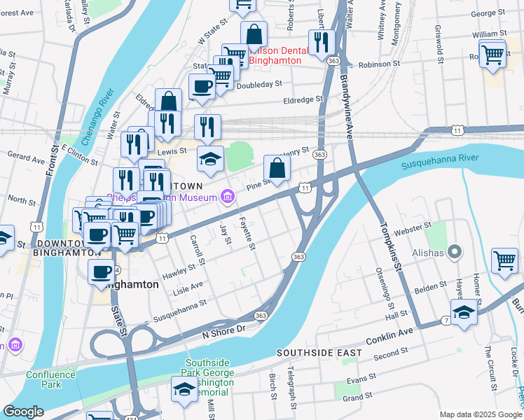 map of restaurants, bars, coffee shops, grocery stores, and more near 32 Stuyvesant Street in Binghamton
