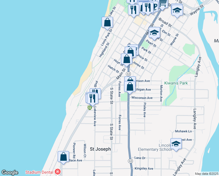 map of restaurants, bars, coffee shops, grocery stores, and more near 1406 South State Street in St. Joseph