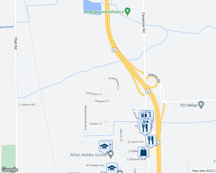 map of restaurants, bars, coffee shops, grocery stores, and more near 1407 East Roosevelt Lane in Milan