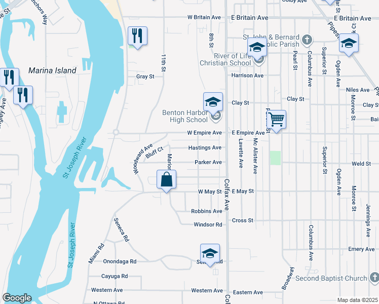 map of restaurants, bars, coffee shops, grocery stores, and more near 208 Hastings Avenue in Benton Harbor