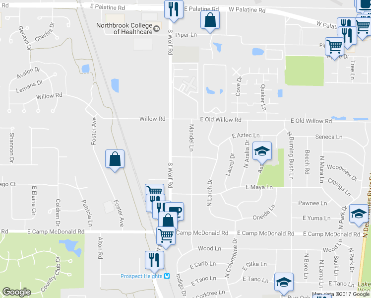 map of restaurants, bars, coffee shops, grocery stores, and more near 204 Mandel Lane in Prospect Heights