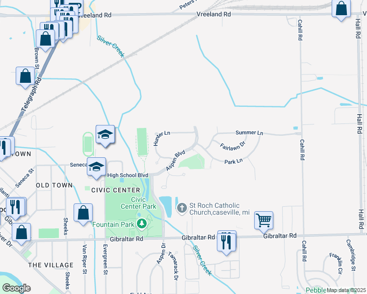 map of restaurants, bars, coffee shops, grocery stores, and more near 28216 Aspen Boulevard in Flat Rock