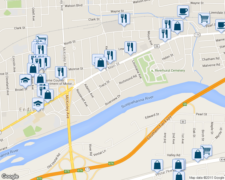 map of restaurants, bars, coffee shops, grocery stores, and more near 415 Jackson Avenue in Endicott