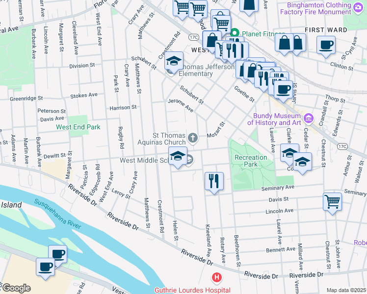 map of restaurants, bars, coffee shops, grocery stores, and more near 38 Highland Avenue in Binghamton