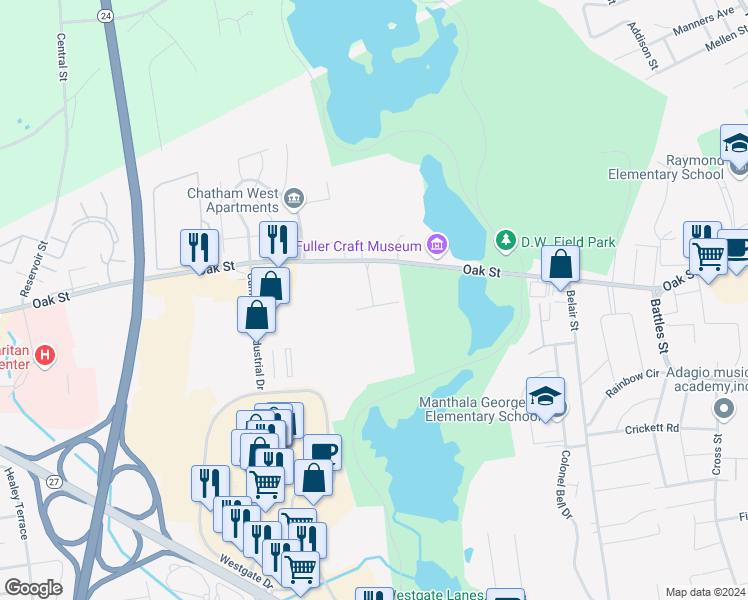 map of restaurants, bars, coffee shops, grocery stores, and more near 104 Oak Lane in Brockton