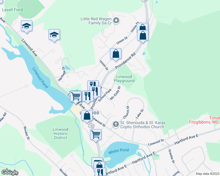 map of restaurants, bars, coffee shops, grocery stores, and more near 93 School Park in Northbridge