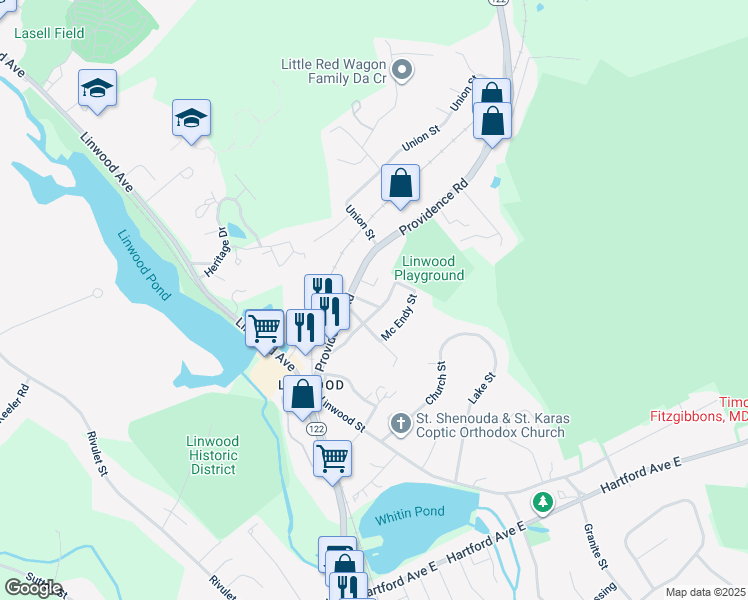 map of restaurants, bars, coffee shops, grocery stores, and more near 93 School Park in Northbridge