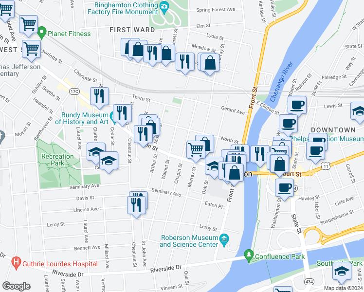 map of restaurants, bars, coffee shops, grocery stores, and more near 151 Chapin Street in Binghamton