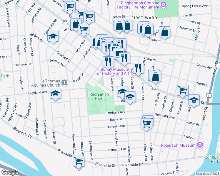 map of restaurants, bars, coffee shops, grocery stores, and more near 111 Laurel Avenue in Binghamton