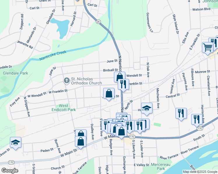 map of restaurants, bars, coffee shops, grocery stores, and more near 126 West Franklin Street in Endicott