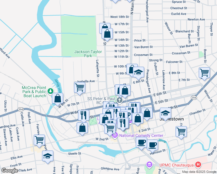 map of restaurants, bars, coffee shops, grocery stores, and more near 801 Washington Street in Jamestown