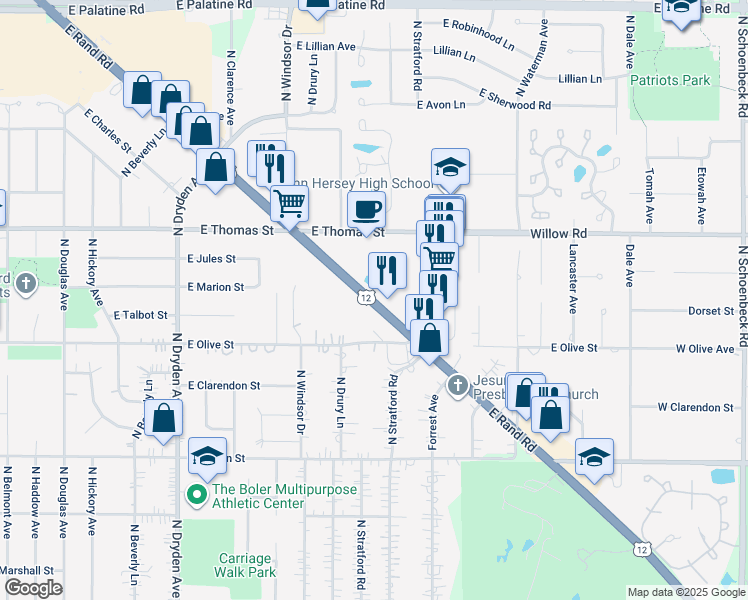 map of restaurants, bars, coffee shops, grocery stores, and more near 1555 East Rand Road in Arlington Heights