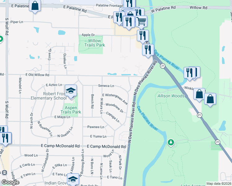 map of restaurants, bars, coffee shops, grocery stores, and more near 2014 East Wintergreen Avenue in Mount Prospect