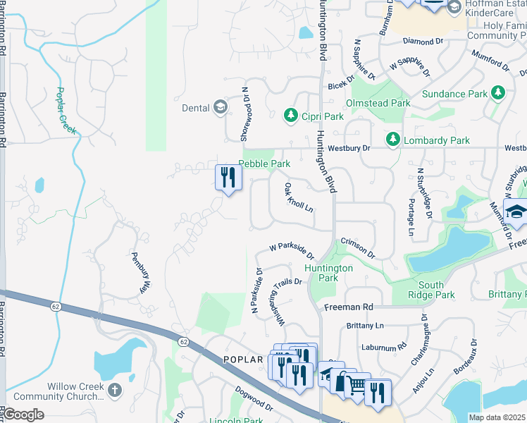 map of restaurants, bars, coffee shops, grocery stores, and more near 4260 North Cottonwood Trail in Hoffman Estates