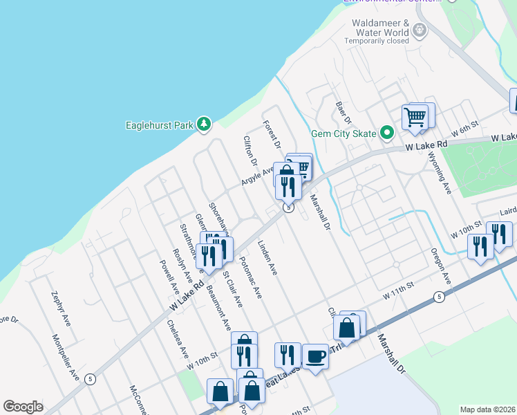 map of restaurants, bars, coffee shops, grocery stores, and more near 445 Beachgrove Dr in Erie