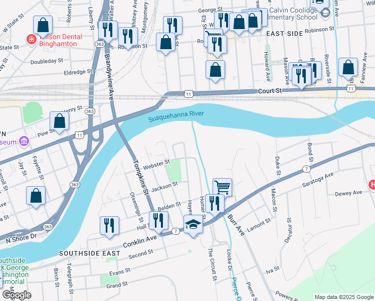 map of restaurants, bars, coffee shops, grocery stores, and more near 21 Webster Court in Binghamton