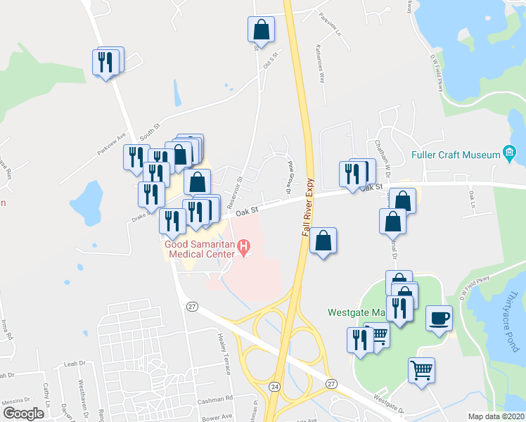 map of restaurants, bars, coffee shops, grocery stores, and more near 802 Oak Street in Brockton