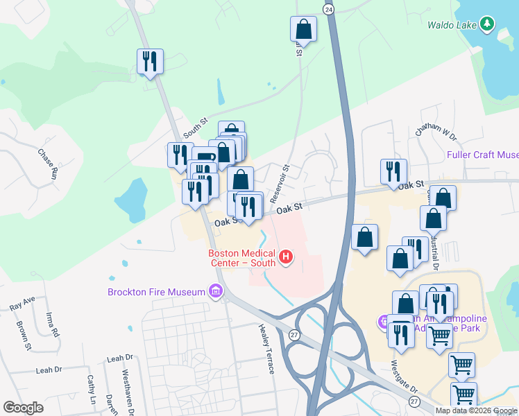 map of restaurants, bars, coffee shops, grocery stores, and more near 70 Oak Street Extension in Brockton