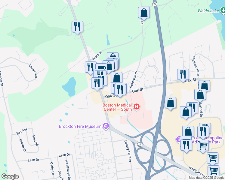 map of restaurants, bars, coffee shops, grocery stores, and more near 50 Oak Street Extension in Brockton