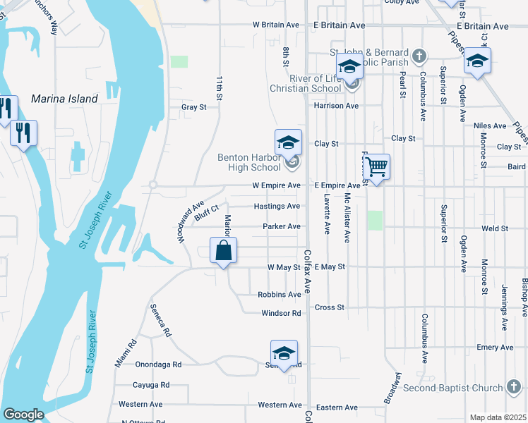 map of restaurants, bars, coffee shops, grocery stores, and more near 208 Hastings Avenue in Benton Harbor