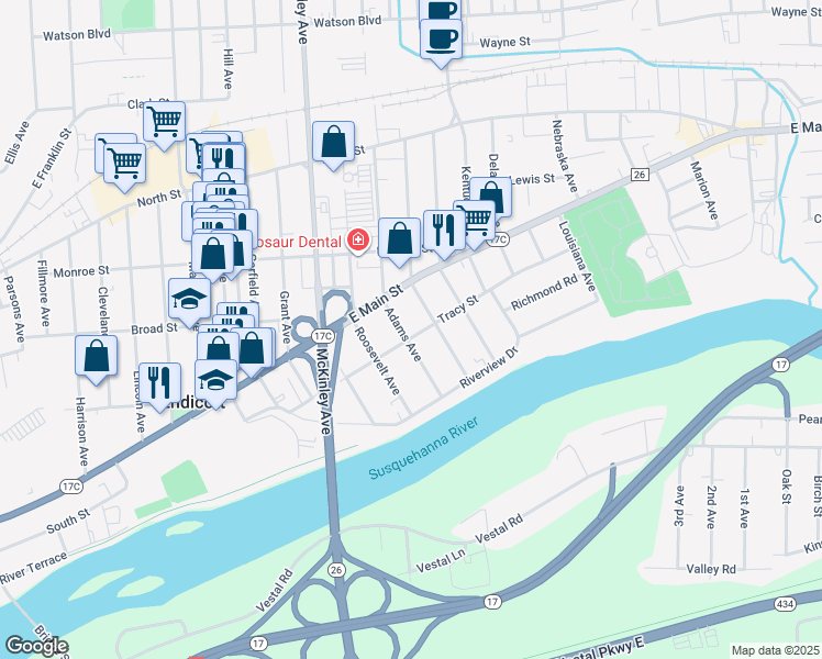 map of restaurants, bars, coffee shops, grocery stores, and more near 1712 Tracy Street in Endicott