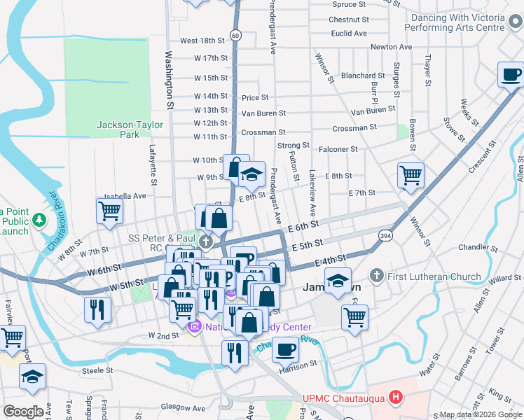 map of restaurants, bars, coffee shops, grocery stores, and more near 626 Spring Street in Jamestown