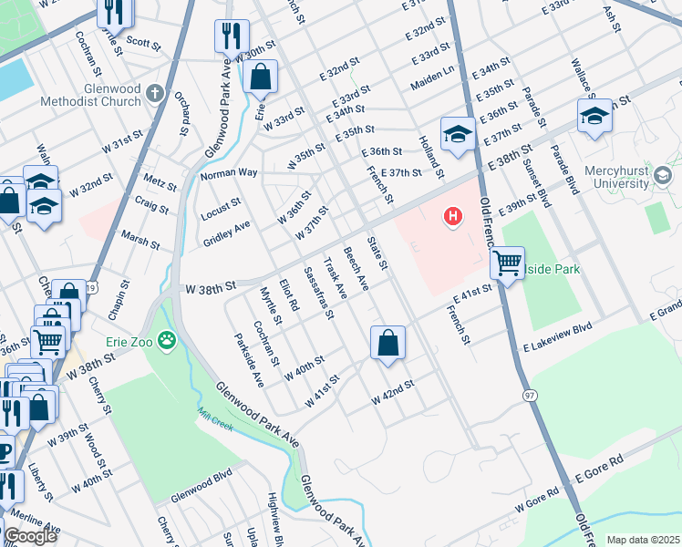map of restaurants, bars, coffee shops, grocery stores, and more near 3833 Trask Avenue in Erie