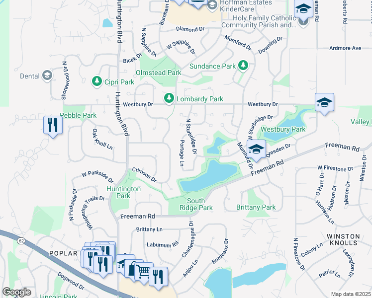 map of restaurants, bars, coffee shops, grocery stores, and more near 4235 Portage Lane in Hoffman Estates