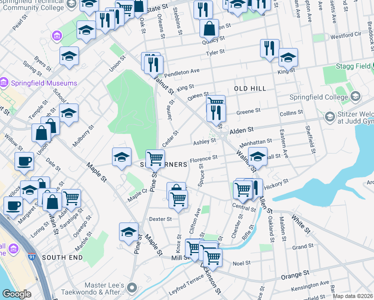map of restaurants, bars, coffee shops, grocery stores, and more near 53-55 Ashley Street in Springfield