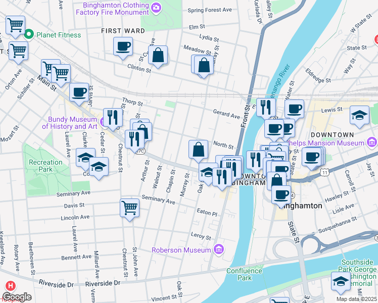 map of restaurants, bars, coffee shops, grocery stores, and more near 123 Murray Street in Binghamton