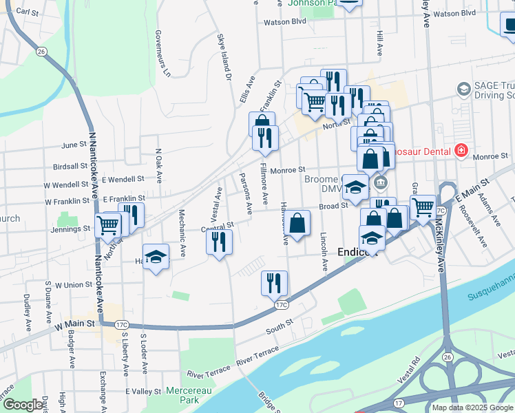 map of restaurants, bars, coffee shops, grocery stores, and more near 605 Broad Street in Endicott