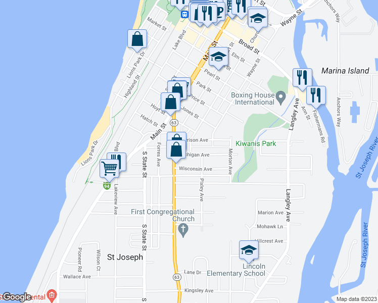 map of restaurants, bars, coffee shops, grocery stores, and more near 821 Michigan Avenue in St. Joseph