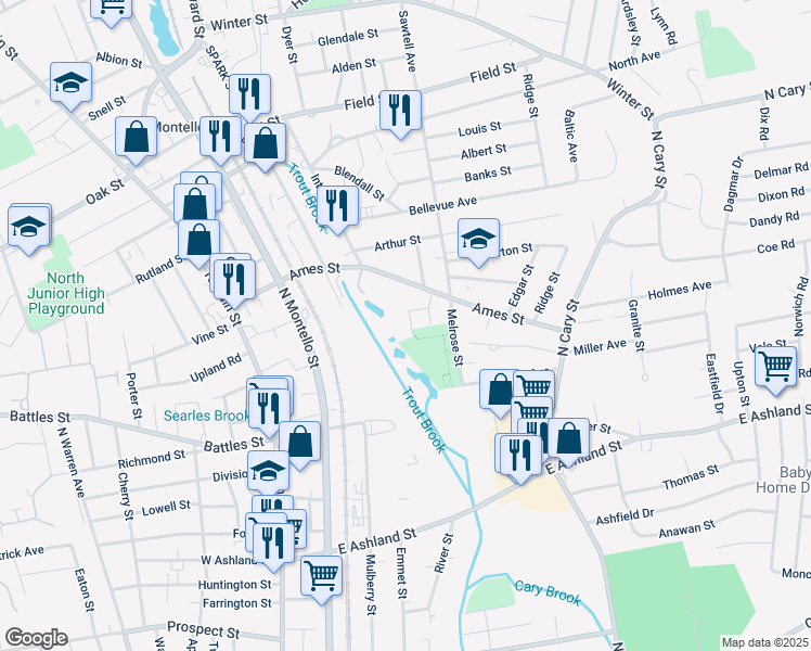 map of restaurants, bars, coffee shops, grocery stores, and more near 58 Trout Street in Brockton
