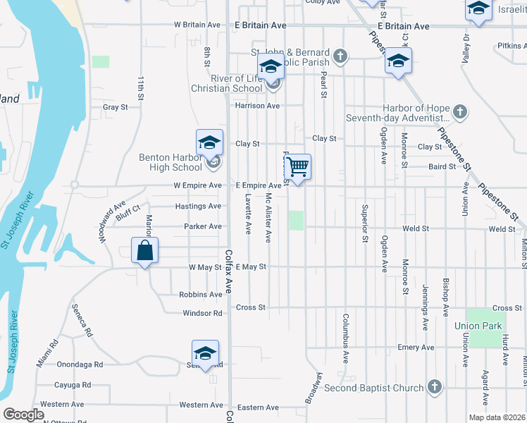 map of restaurants, bars, coffee shops, grocery stores, and more near 964 McAlister Street in Benton Harbor