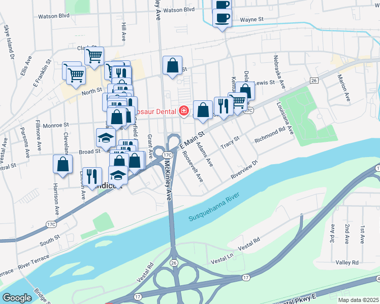 map of restaurants, bars, coffee shops, grocery stores, and more near 307 Roosevelt Ave in Endicott