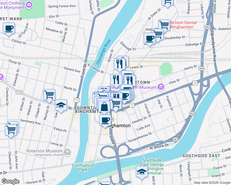 map of restaurants, bars, coffee shops, grocery stores, and more near 18 Henry St in Binghamton