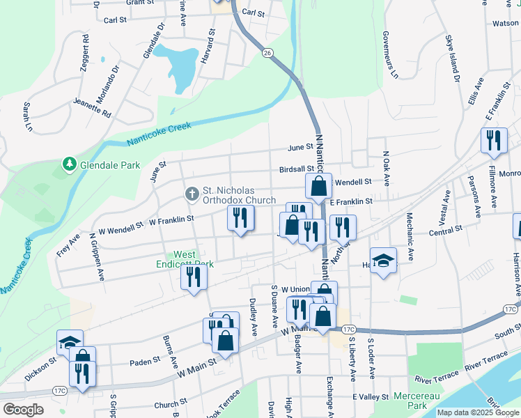 map of restaurants, bars, coffee shops, grocery stores, and more near 308 West Franklin Street in Endicott