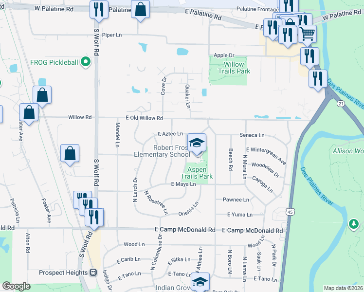 map of restaurants, bars, coffee shops, grocery stores, and more near 1810 Aspen Drive in Mount Prospect