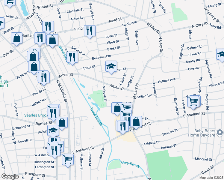 map of restaurants, bars, coffee shops, grocery stores, and more near 12 Astle Court in Brockton